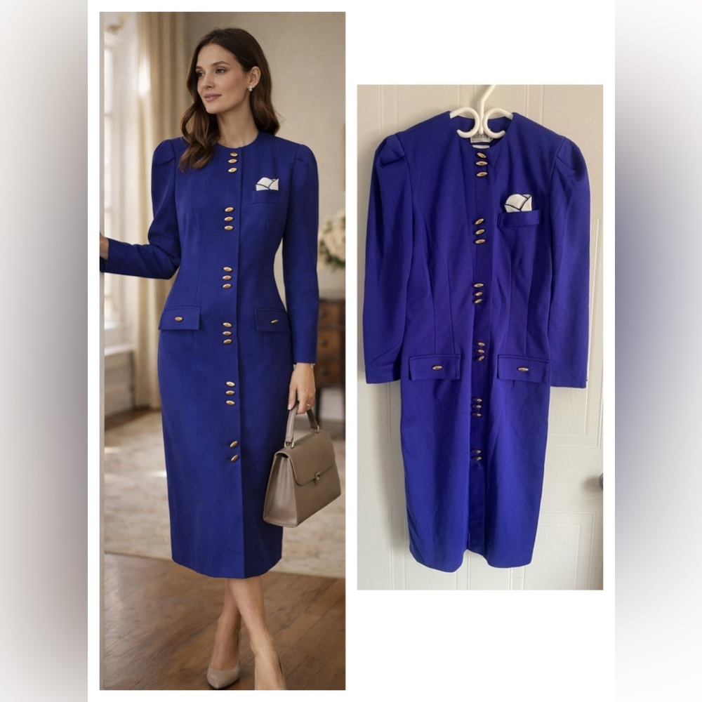 Royal Blue Vintage Midi Dress 10 Gold Buttons Classic Tailored Feminine Estate